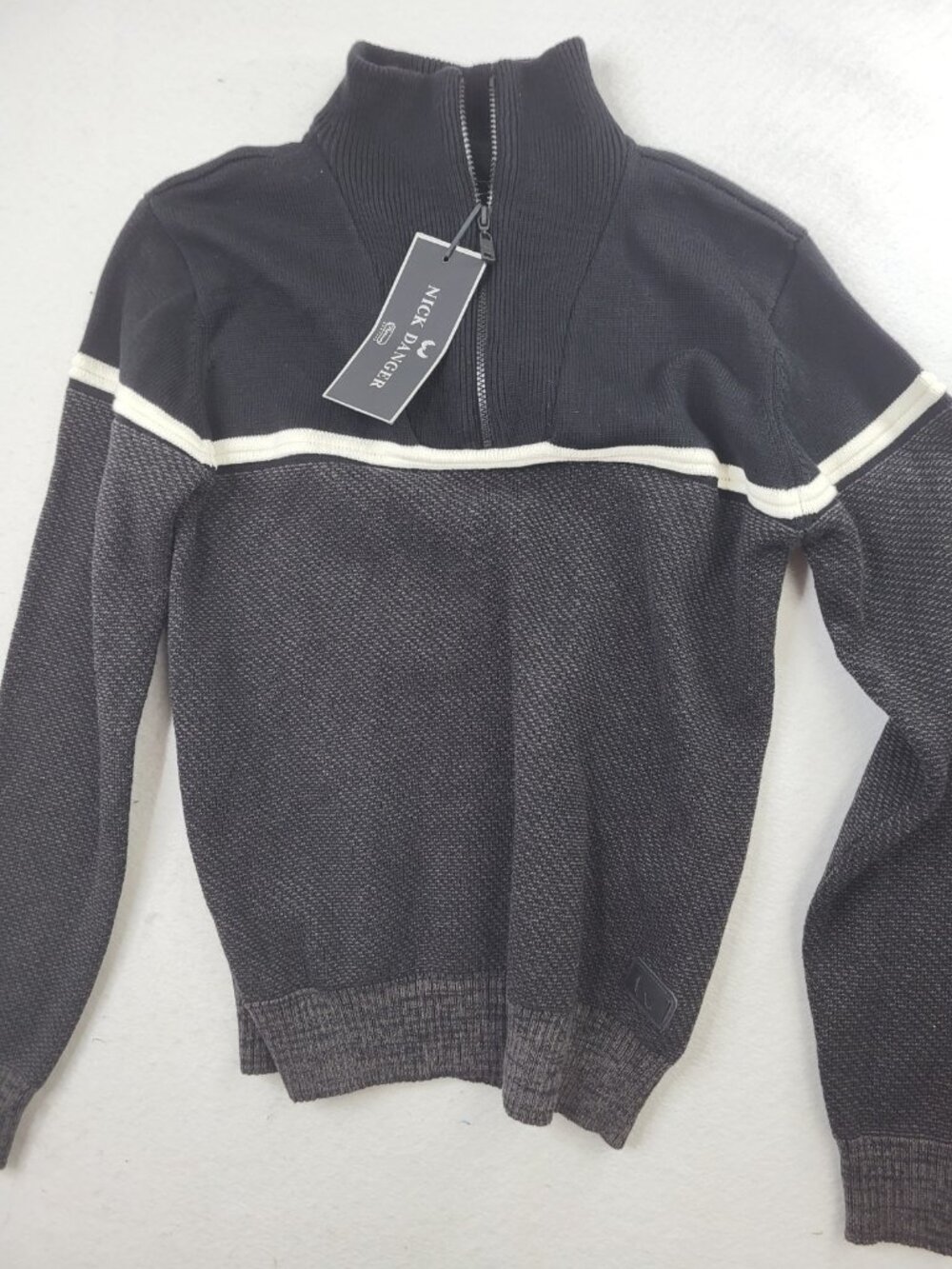 Nick Danger SZ L Quarter Zip Sweater Black Flex Fit Cozy Grandpacore Preppy